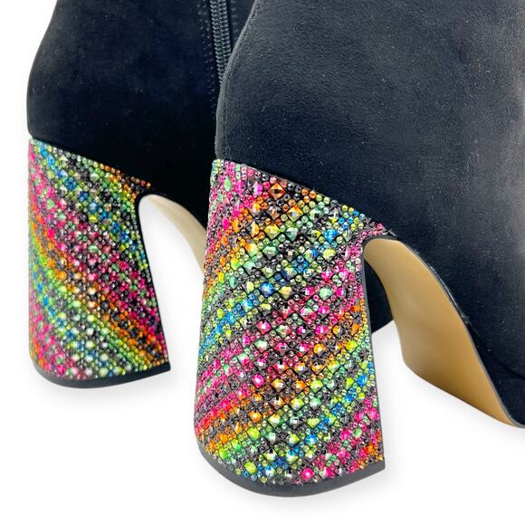 Betsey Johnson Ankle Boots Raylan Black Faux Suede Rhinestones Mutlicolor - Picture 2 of 14